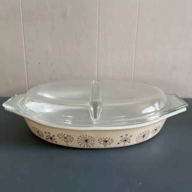 Vintage Pyrex Dandelion Duet Promotional 1959 Divided Casserole Dish 1 1/2 Qt.
