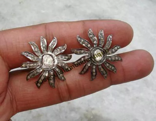 ART DECO ANTIQUE ROSE CUT DIAMOND 1.38ct VINTAGE VICTORIAN POLKI STUDS EARRINGS
