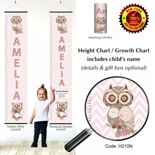 Growth Height Chart Chevron Owl PinkTheme for Baby Girl or Child - Personalised