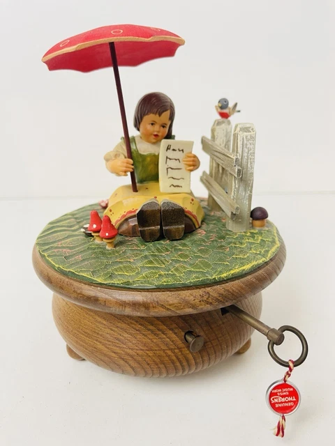 Vintage Genuine Thorens Anri Wood Music Box Raindrops Keep Falling Girl Umbrella