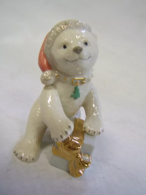 Lenox Porcelain Christmas Bear Cub w/ Present Pink Hat Gold Accent 3 3/4" VGC