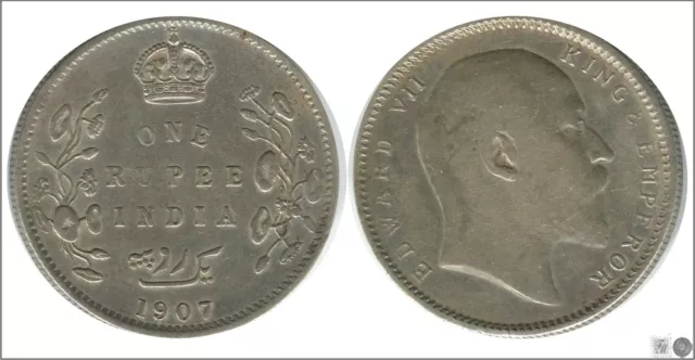 Inde Britannique 1 Roupie 1907 / Edward VII / 11,60 Gr. Argent MBC / VF