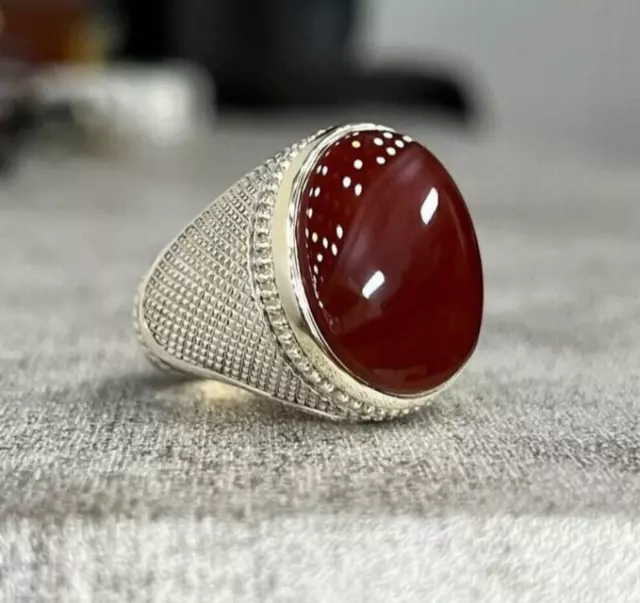 Blood Red Aqeeq Ring Sterling Silver Natural Mens Agate Ring Yemeni Aqeeq Ring