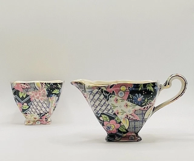 Royal Winton Grimwades Quilt Creamer & Open Sugar England Hand Painted Chintz 2