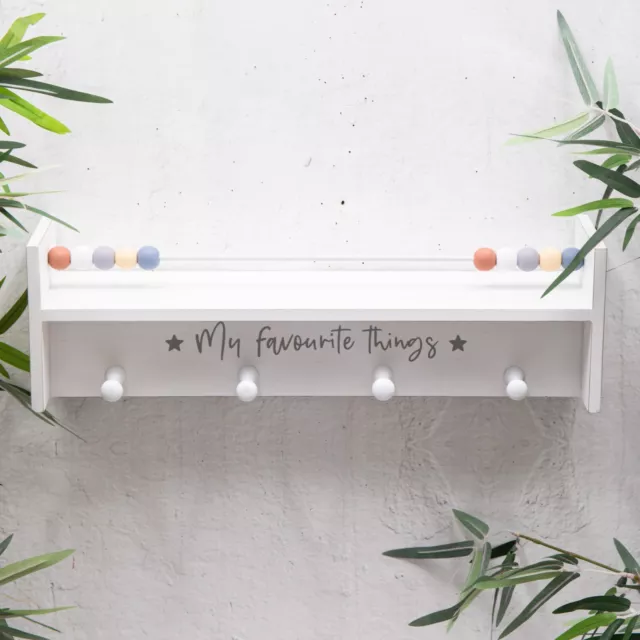 White Wooden Floating Abacus Shelf & Hooks Childrens Baby Nursery Bedroom Decor