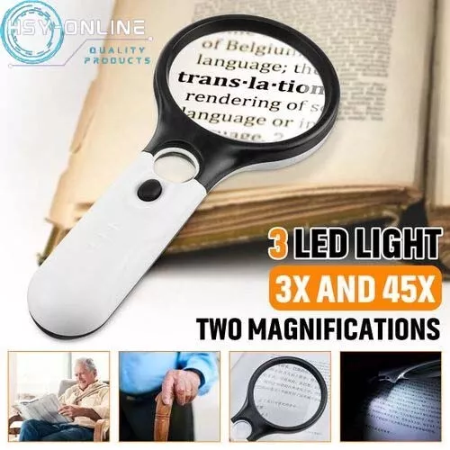 Magnifying Glass 45X Handheld Magnifier Reading Jewelry Loupe With 3 LED Light