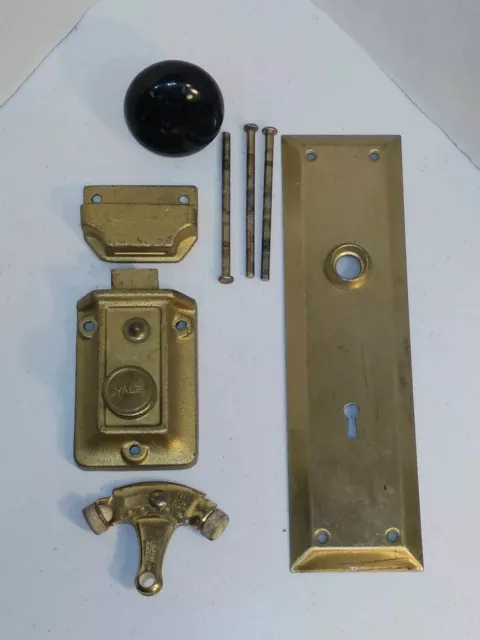 Antique Brass Door Plate, Knob, Yale Door Lock, Door Stopper, 3 Hinge Pins