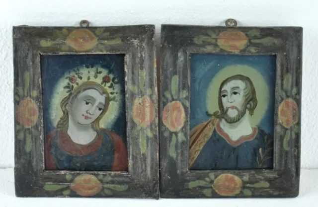 P. Hinterglasbilder "Jesu und Maria" Bayern/Tirol, je 11,5 x 9 cm, alte Rahmung