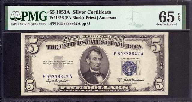 1953 A $5 Silver Certificate Note Fr.1656 Fa Block Pmg Gem Unc 65 Epq (847A)