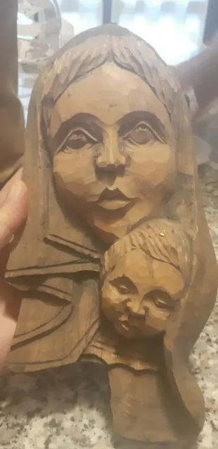 Scultura bassorilievo testa di Madonna e di Bambin Gesù in legno