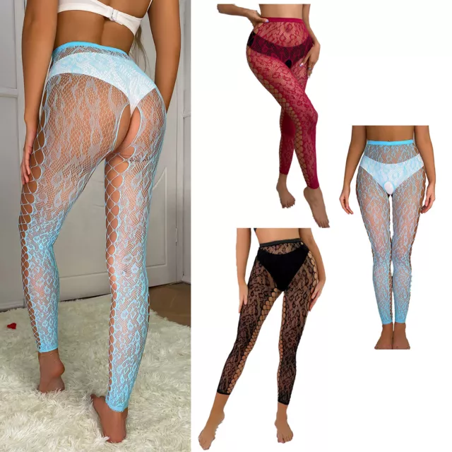 Womens Sexy See Through Trousers Pants High Elastic Sheer Mesh Ice Silk  Leggings