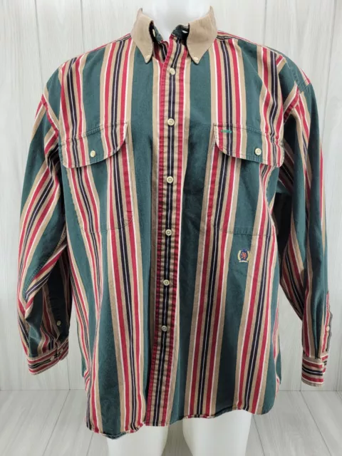VTG Tommy Hilfiger Mens Striped Button Up Shirt XL 90s Crest Logo Cotton Green