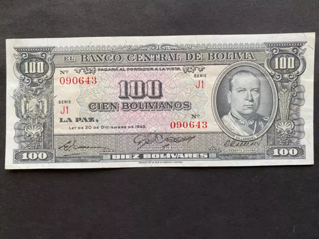 BOLIVIA, 1945, Billete Banco Central de Bolivia, 100 BOLIVIANOS, Serie J1, Circ.