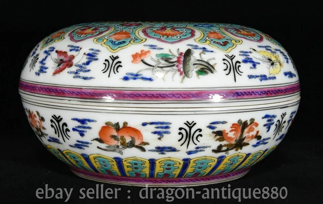 7.2" Old China Qianlong Marked Famile Rose Porcelain Flower Butterfly Fruit Box