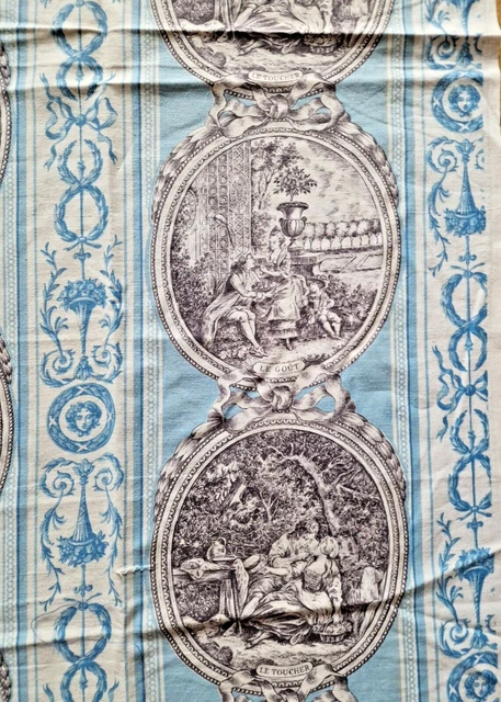 Linge ancien : Beau tissu coton imprimé -médaillons scènes champêtres