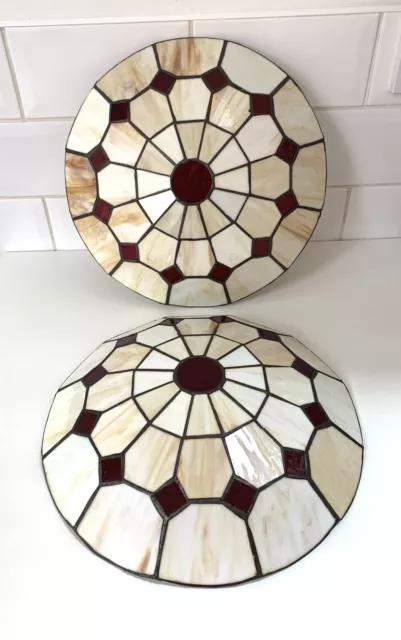 2 x Tiffany Style Uplighter Stained Glass Ceiling Light Shade Red and Cream Pair