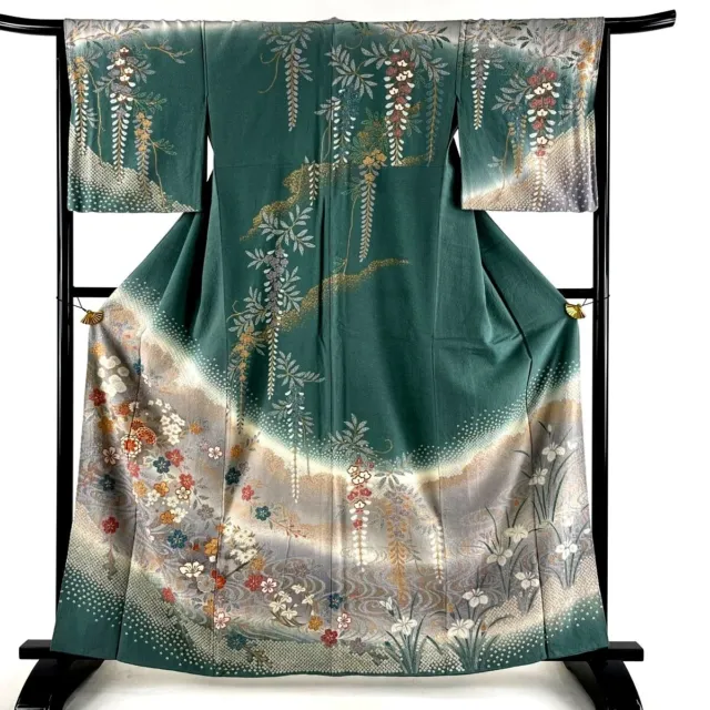 Japanese kimono  "HOUMONGI", Plants, Gold leaf, Shibori Dye, Plants,L5' 4"..3314