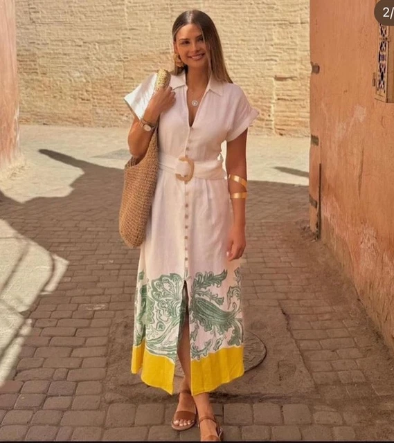 ZARA WOMENS GRECIAN Shirt Dress S White Green Belted Midi Linen 8253/497  NWT 47.50 - PicClick UK