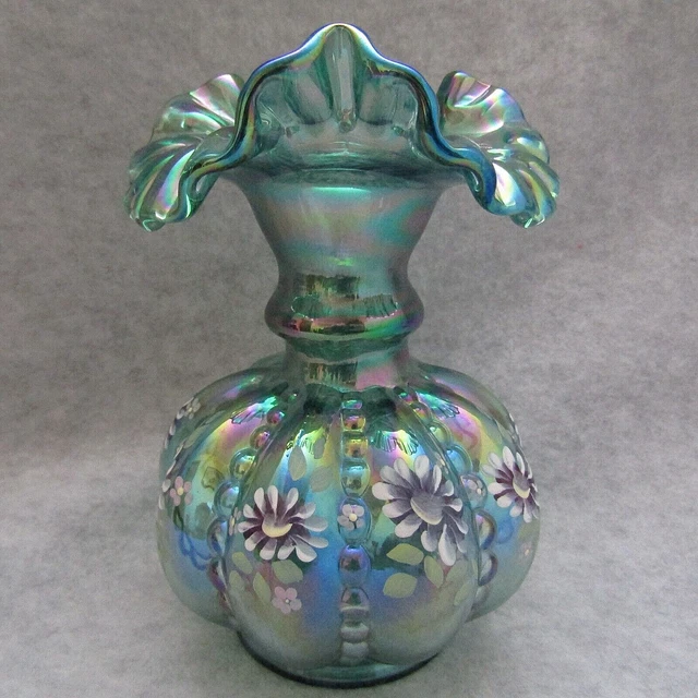 Fenton Glass Vase Spruce Green Carnival Beaded Melon Hand Painted Signed Fenton Glass Vase Spruce Green Carnival Beaded Melon Hand Painted Signed