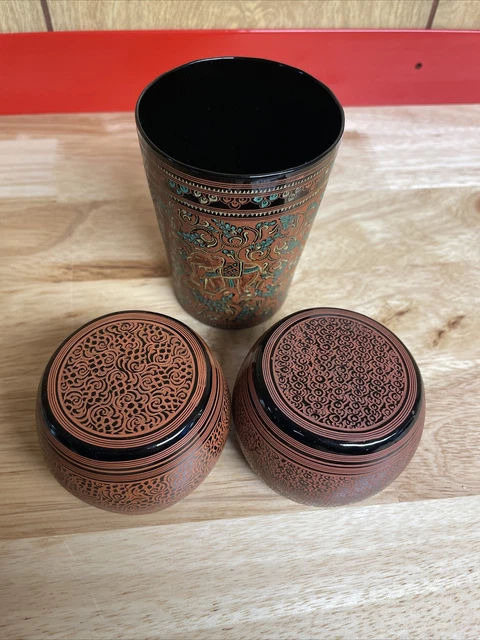 SET OF 3 Burmese Lacquer Tea Cups Hand Painted Lacquerware Asian Myanmar 8