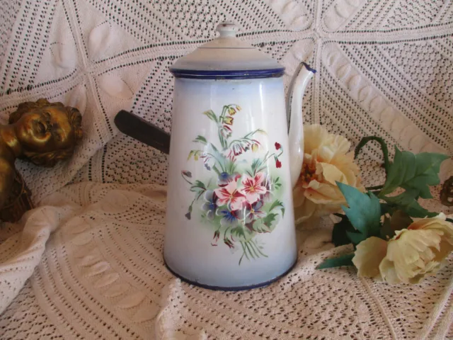 Antique French ENAMELLEd CHOCOLATIER COFFEE POT FLOWERs pattern Small Pansy 1920