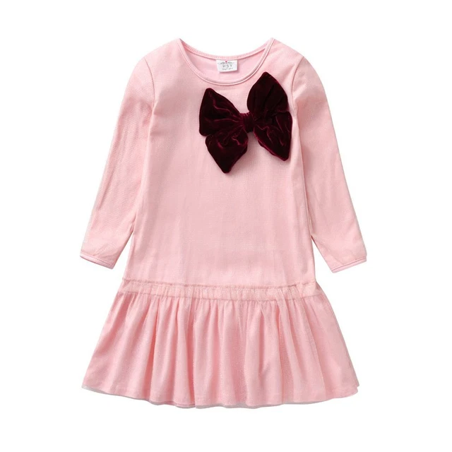 Manica Lunga Solido Rosa a Balze Abiti Per Bambine Con Fiocco Casual Autunno