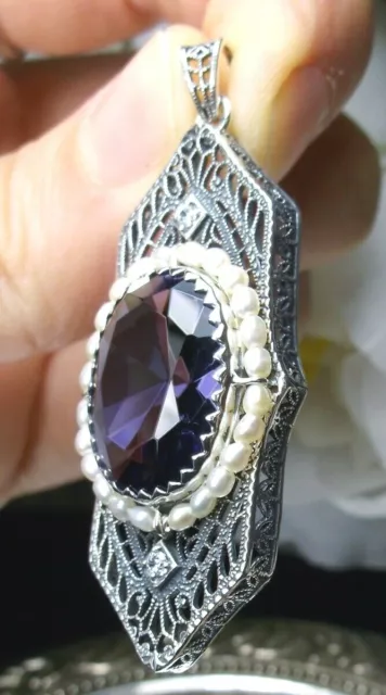 Seed Pearl and Sim Amethyst Art Deco Sterling Filigree Pendant (Custom-Made)*