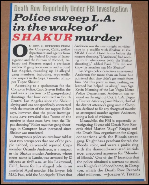 1996 Tupac Shakur Murder Rolling Stone Clipping Article 2pac 4.5"x7"