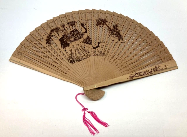 Sandalwood 2 Sided Fan Wood Burned Crane Design Die Cut