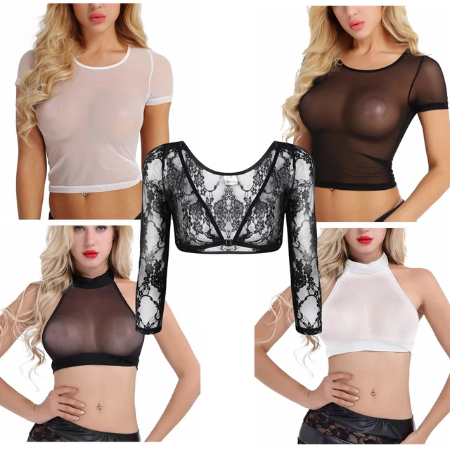 US Womens Tops Round Neck T-Shirt See Through Undershirts Sheer