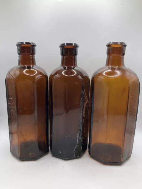 3 Old Amber Glass Medicine Bottles 15cms