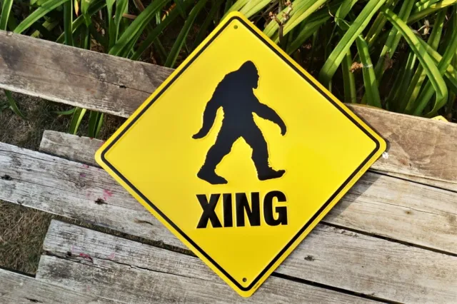 Sasquatch Crossing XING Embossed Tin Sign - Finding Bigfoot - WARNING! Squatch