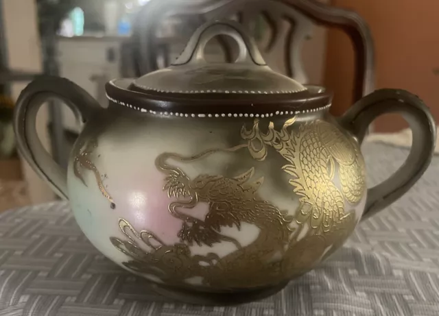 Hand Painted Nippon Gold Dragon Sugar Bowl AS IS-made In Japan