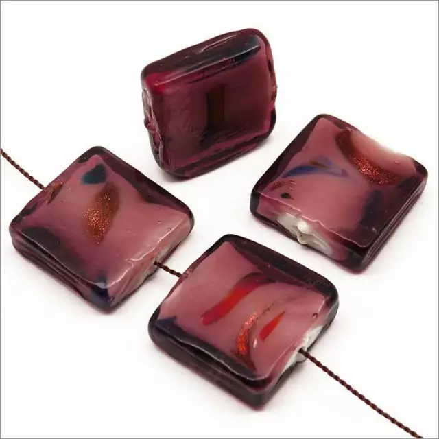 Lot de 4 Perles en Verre Lampwork style confetti Carrées 20mm Améthyste