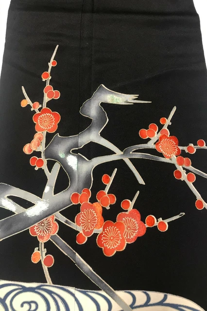 @@Japanese vintage kimono/ tomesode black silk fabric/ plum blossom G41 3