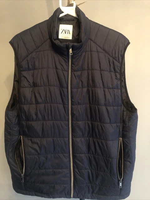 Mens ZARA Navy Blue Puffer Gilet Bodywarmer Sleeveless Jacket Sz XL