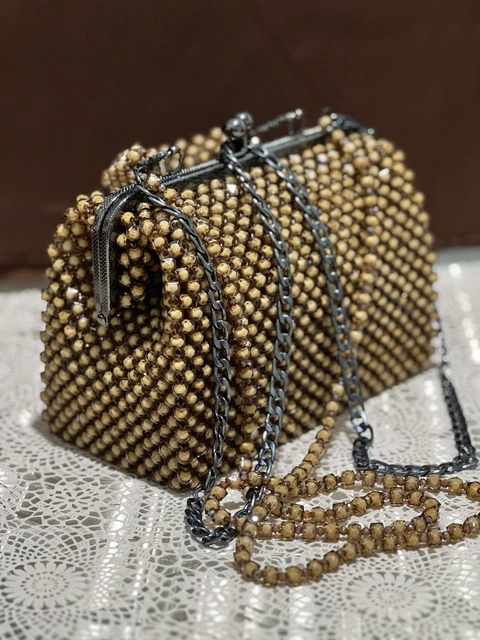 Sac à Main Vintage MORABITO-PARIS - Tissu Perlé Blanc/ivoire - Monture Métal Doré/argenté - Occasion (accords Aux Sangles)