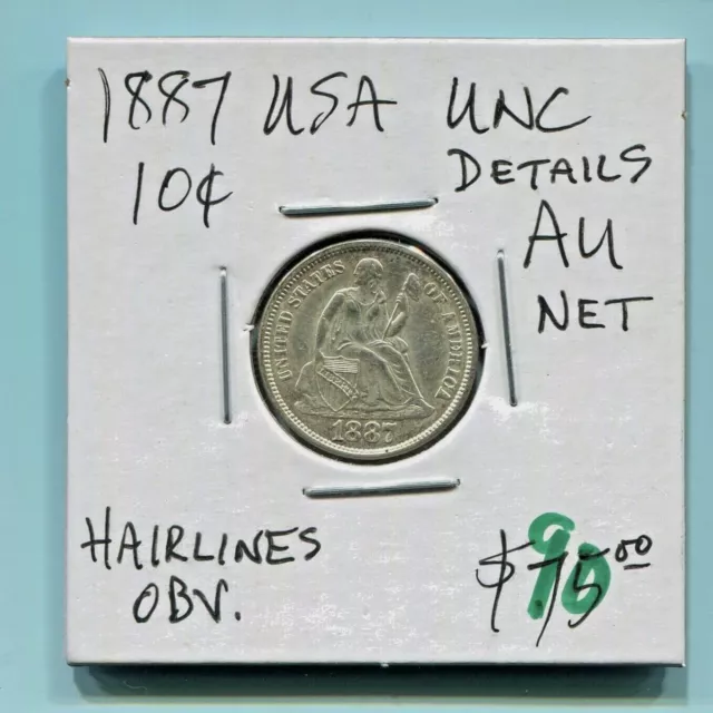 Usa - Beautiful Historical Silver Seated Liberty Dime, 1887, Km#A92