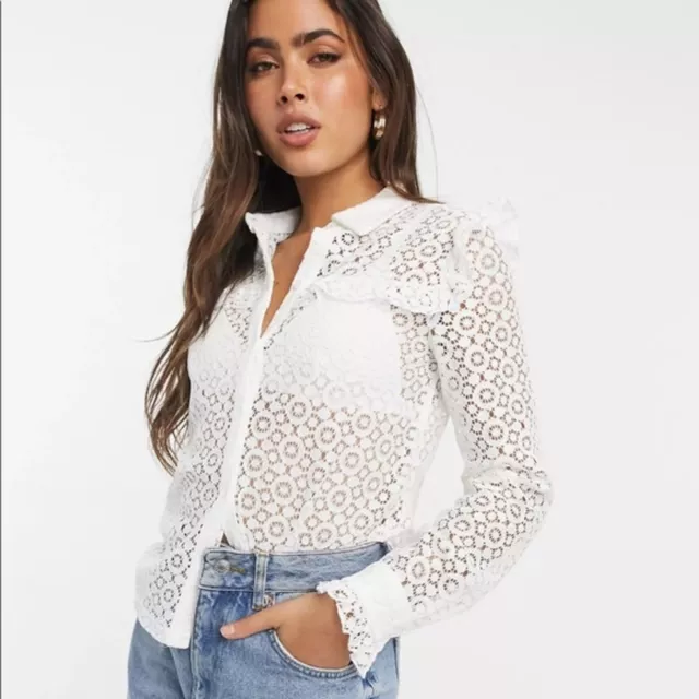 ASOS Vila Broderie Shirt With Frill Shoulder Detail in White Sz 42 Eyelet Button