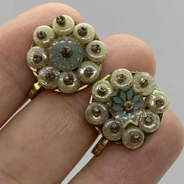 Vtg ART DECO Glass Disc Bead Brass Blue Flower Screw Back Earrings 7/8”