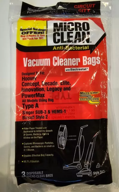 CIRCUIT CITY TYPE A Vacuum Cleaner Bags 3 PACK Hoover Concept Decade Elite More