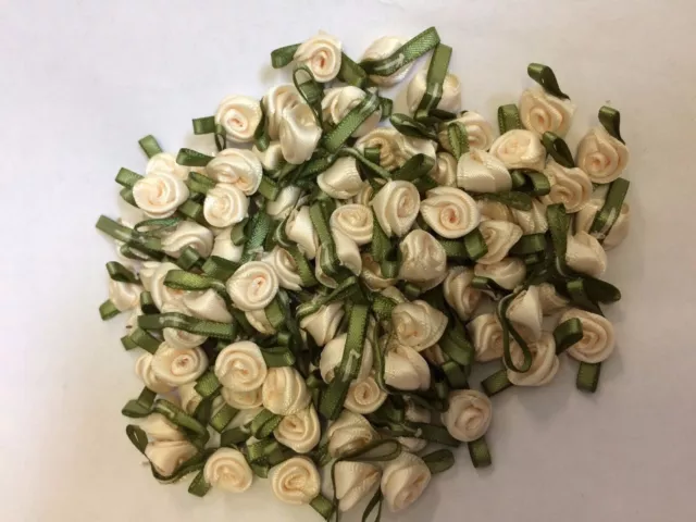 20 X Mini Small Cream Satin Ribbon Rose Buds Flowers with Green Leaves