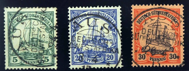 Dt. SW-Afrika Stpl.; "AUS DSWA", K1 je auf 5, 20 & 30 Pfg., Kab, MiNr. 16,25,27