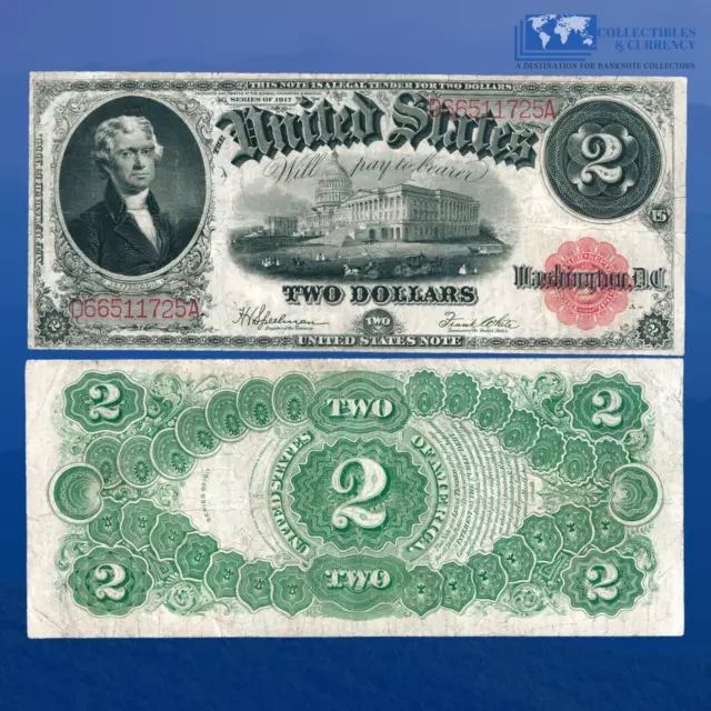 Fr.60 1917 $2 Two Dollars "BRACELLET REVERSE" Legal Tender Note, NICE VF #11725