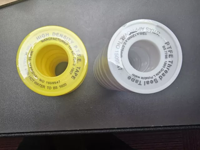 Gas & Water PTFE Tape White Yellow Threaded Seal Fitting 12mm x 12m Plumbing