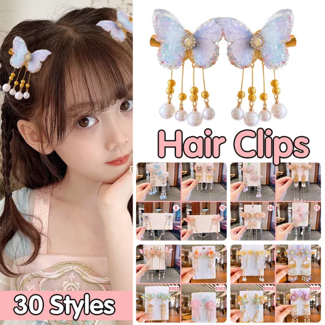2Pcs Hanfu Flower Hair Clip Pearl Tassel Butterfly Hairpin Female/Children Party