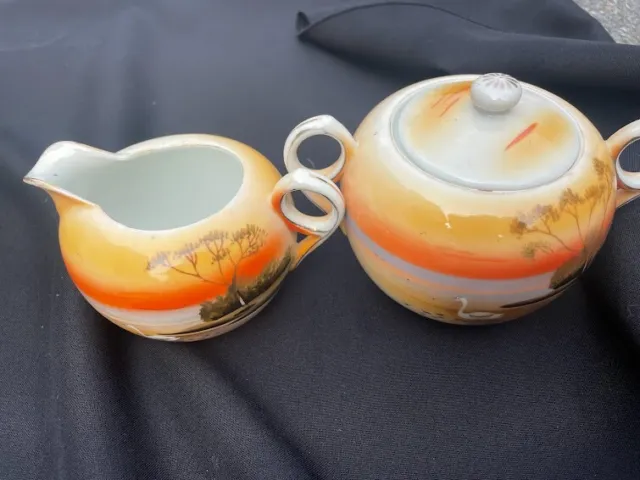 Hotta Yu Shoten & Co Teapot and Sugar Set 1920s-30s Sunset Hand painted Nature