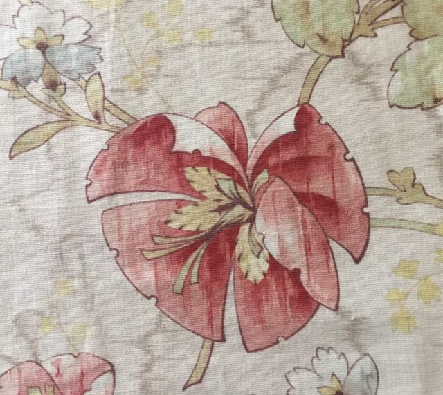 Antique Art Nouveau Deco Poppy Floral Cotton Fabric ~ Apricot Pink Blue Green