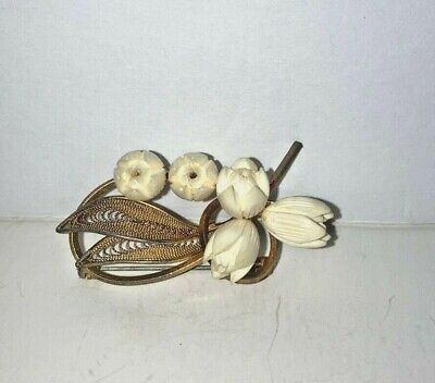 Antique Retro Old Ivory Flower Buds Bakelite Plastic Gold Tone Dress Pin Brooch 2