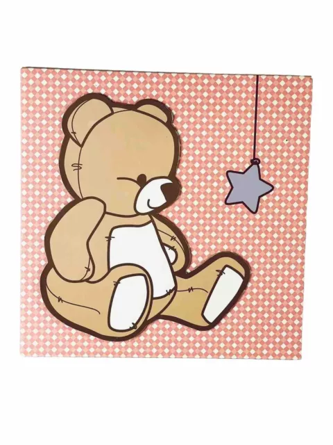Baby Bedroom Nursery Brown Bear Wall Decor Plaque Pink & White 8’x8’